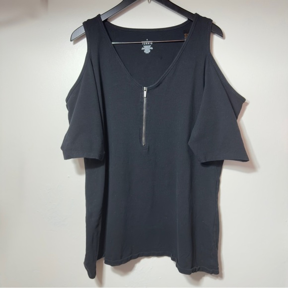 Torrid Foxy V-Neck Zip-Front Cold Shoulder Top Black Women Size 4X - Picture 3 of 9